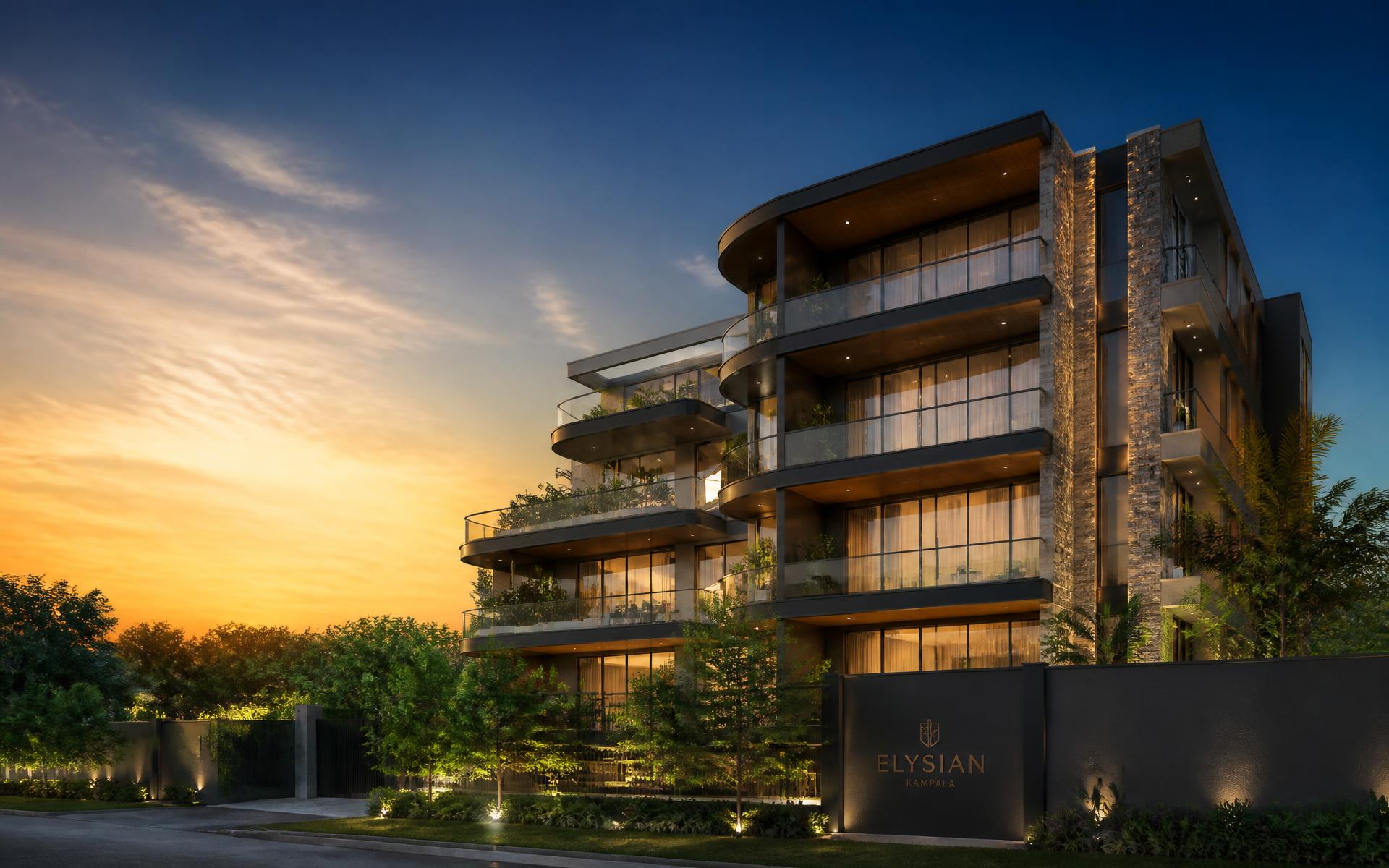 Modern apartment building in Kampala at sunset